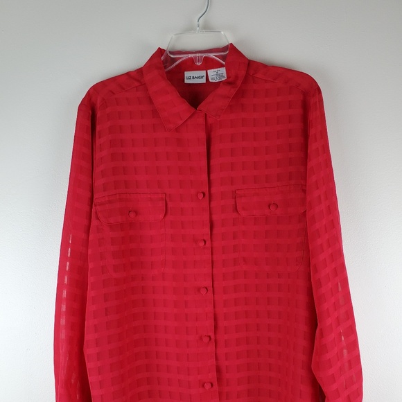 LIZ BAKER Red Blouse button-down Size 16 Sheer - Picture 1 of 7